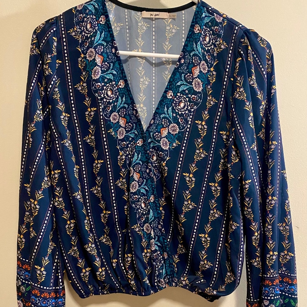Francesca's Navy and Floral Long Sleeve Top